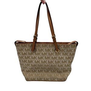 MICHAEL KORS JET SET hand bag Purse MK signature Jacquard cream gold